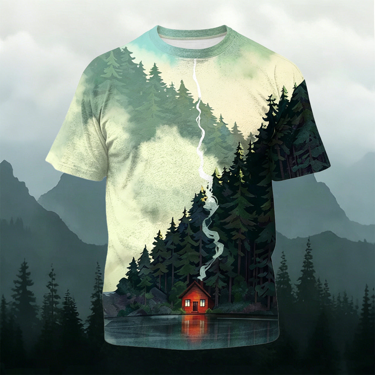 Forest Smoke Print Outdoor Style Casual T-Shirt
