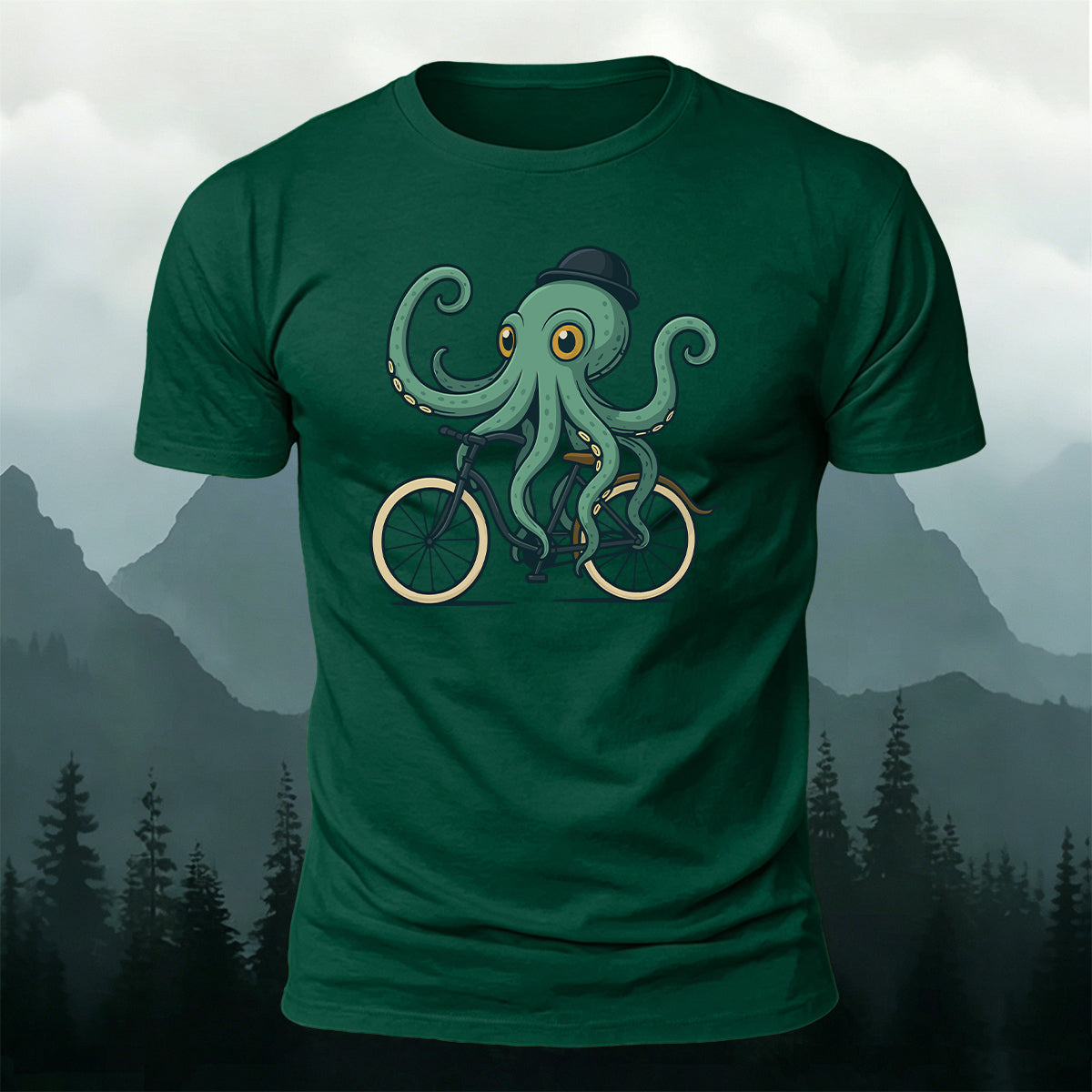 Green Fisherman's Cap Octopus Cycling Print Cotton T-Shirt
