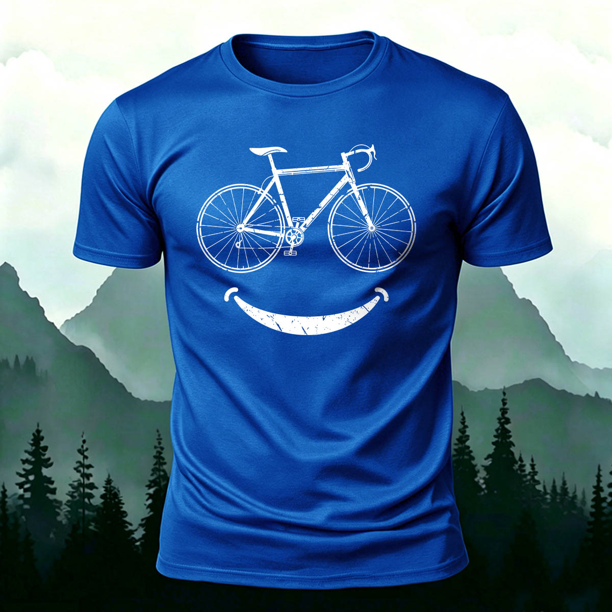 Fun Bicycle Smile Print Sports Casual Cotton T-Shirt Blue