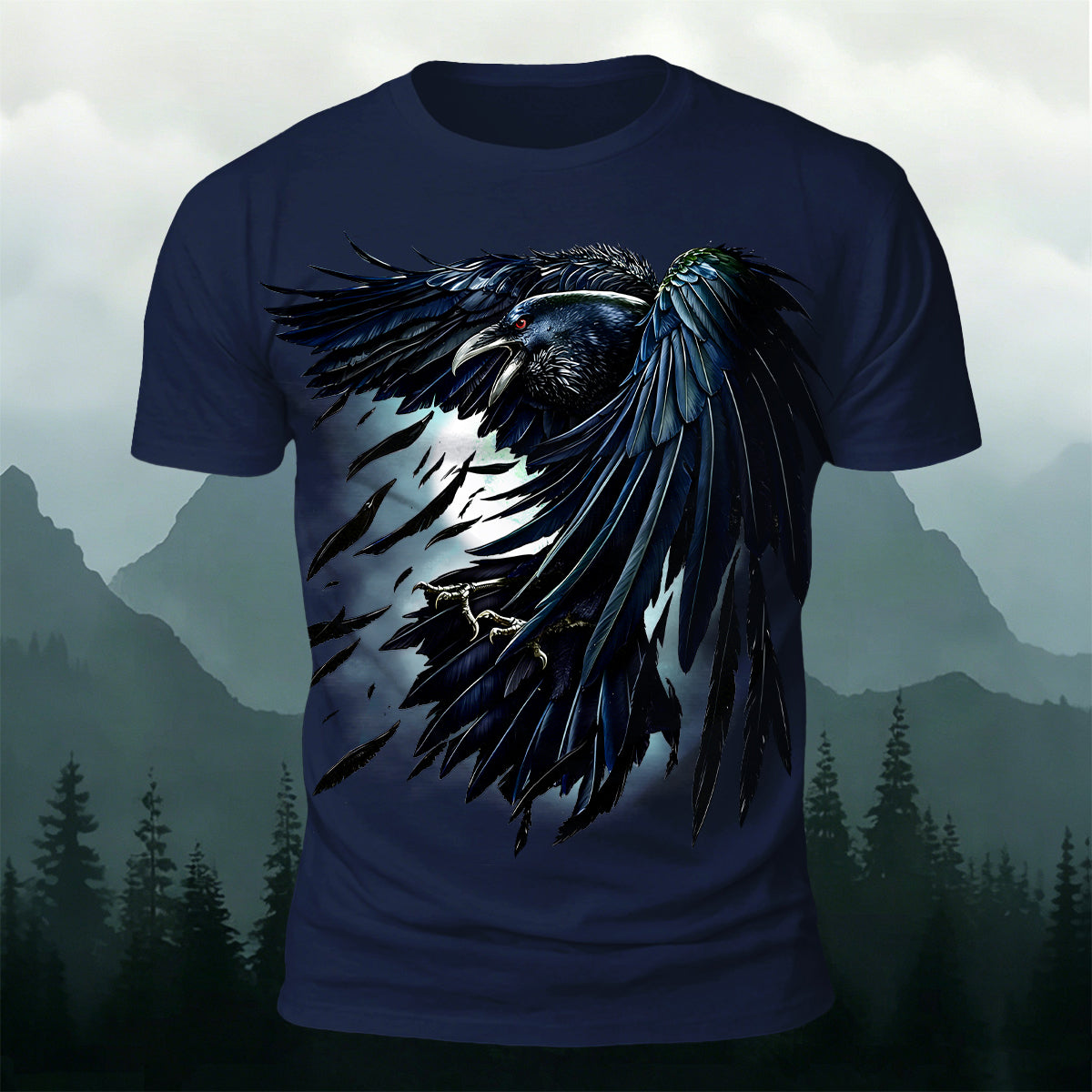 Retro Black Crow Feather Print Casual T-Shirt