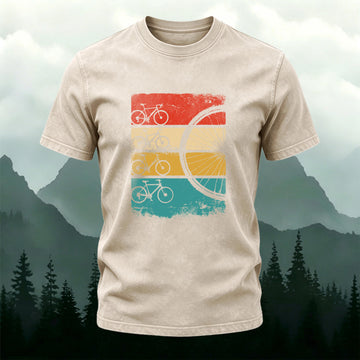 Cycling-themed Colorful Bicycle Print Washed Cotton T-Shirt