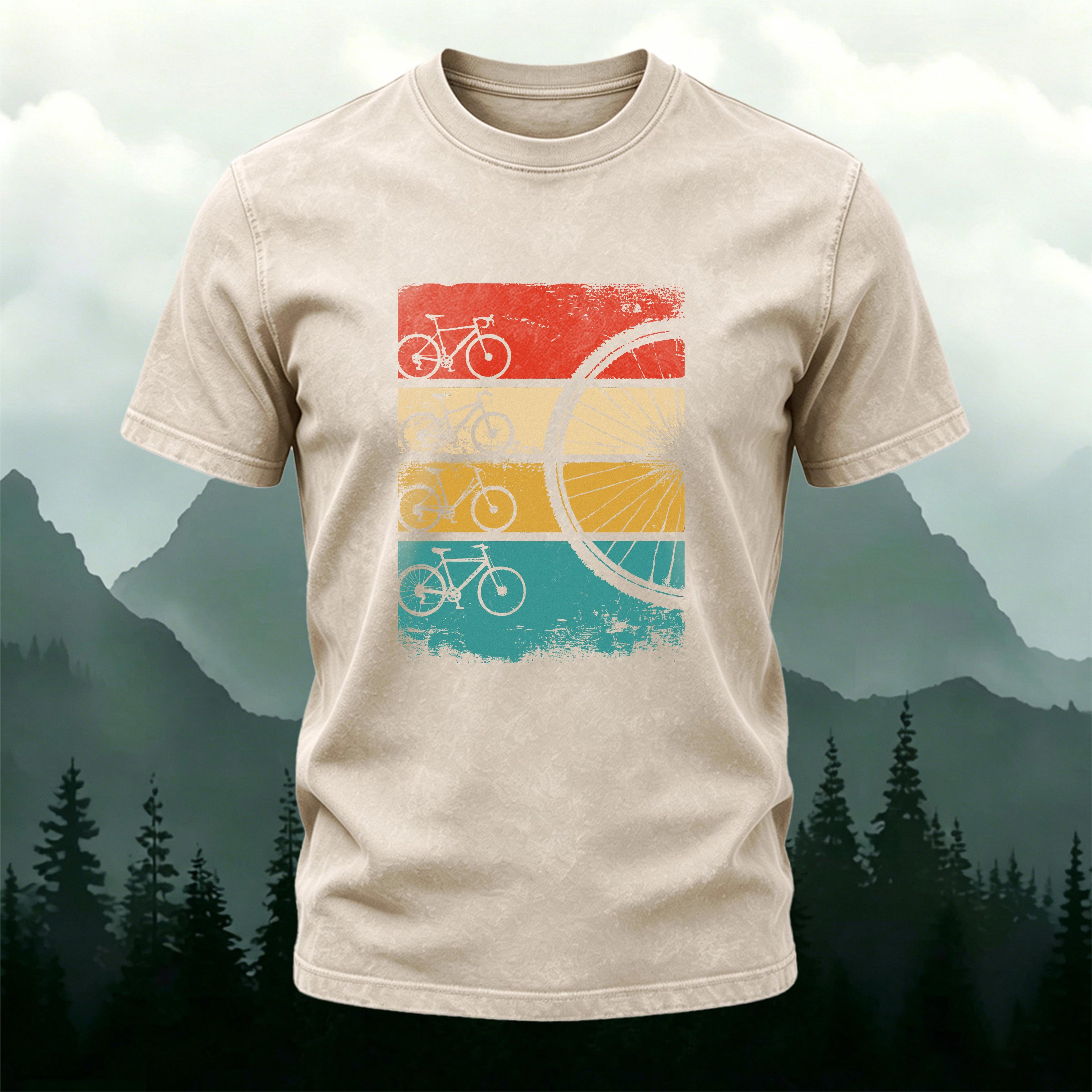 Cycling-themed Colorful Bicycle Print Washed Cotton T-Shirt