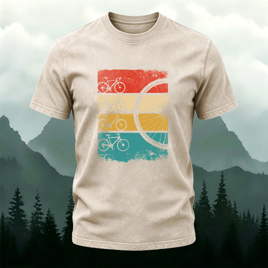 Cycling-themed Colorful Bicycle Print Washed Cotton T-Shirt