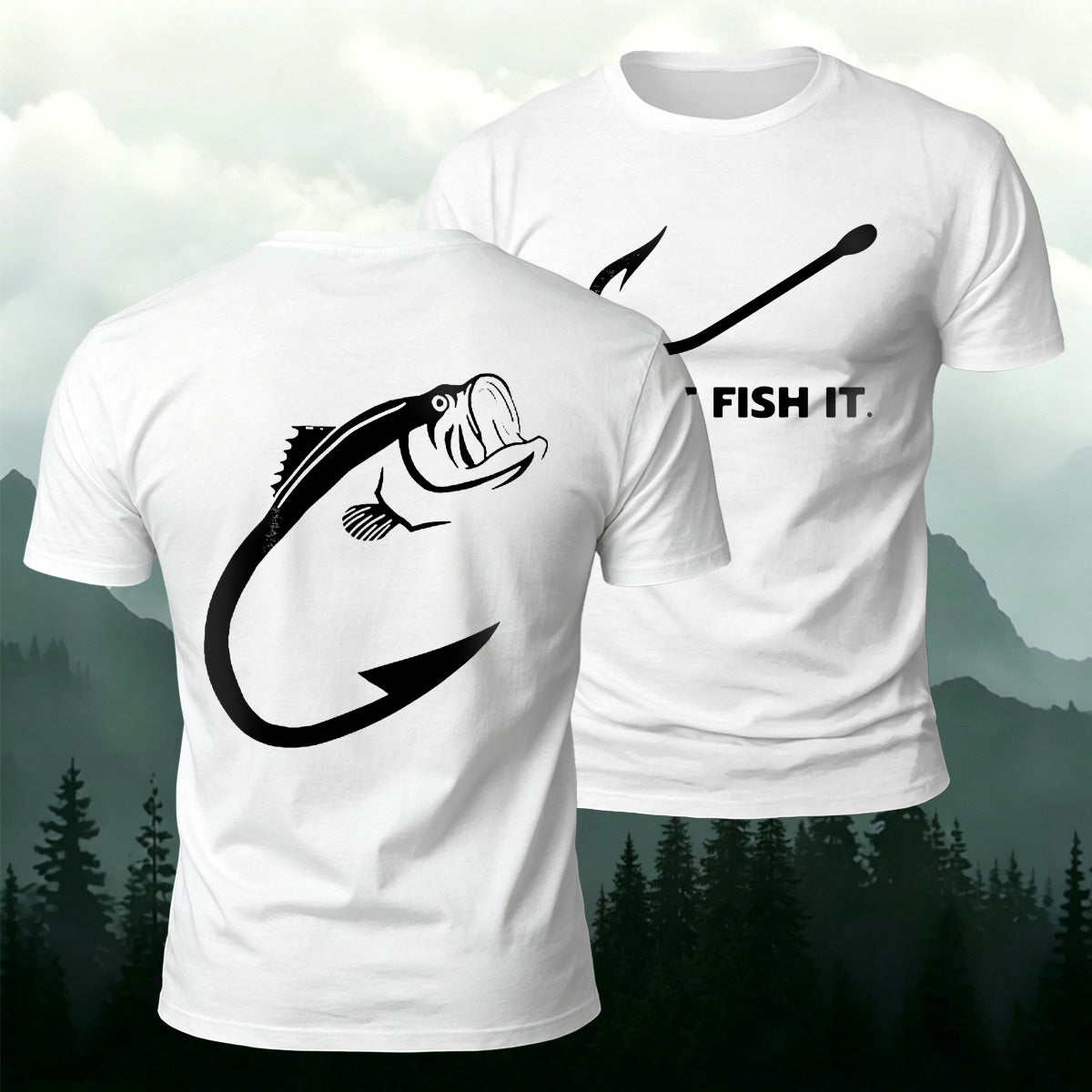 Fish and Hook Pattern Outdoor Style Casual T-Shirt White
