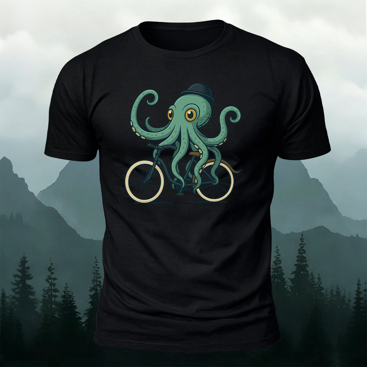 Green Fisherman's Cap Octopus Cycling Print Cotton T-Shirt