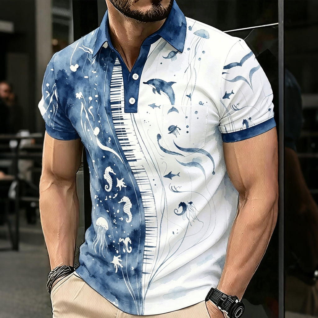 Blue and White Marine-Print Slim-Fit Polo Shirt
