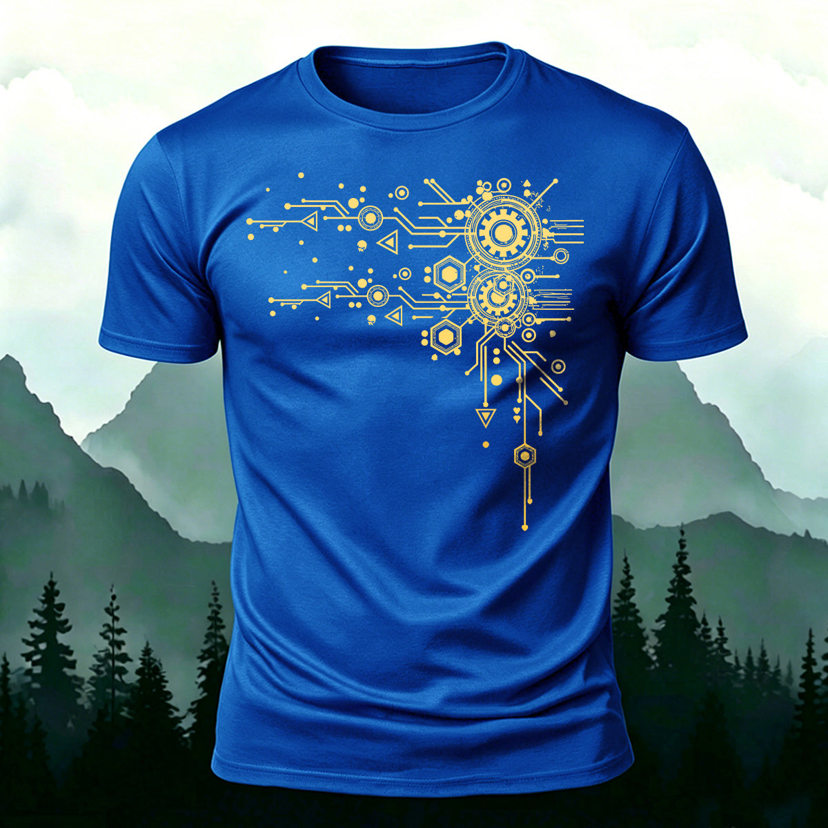 Creative Geometric Mechanical Premium Cotton T-Shirt Blue