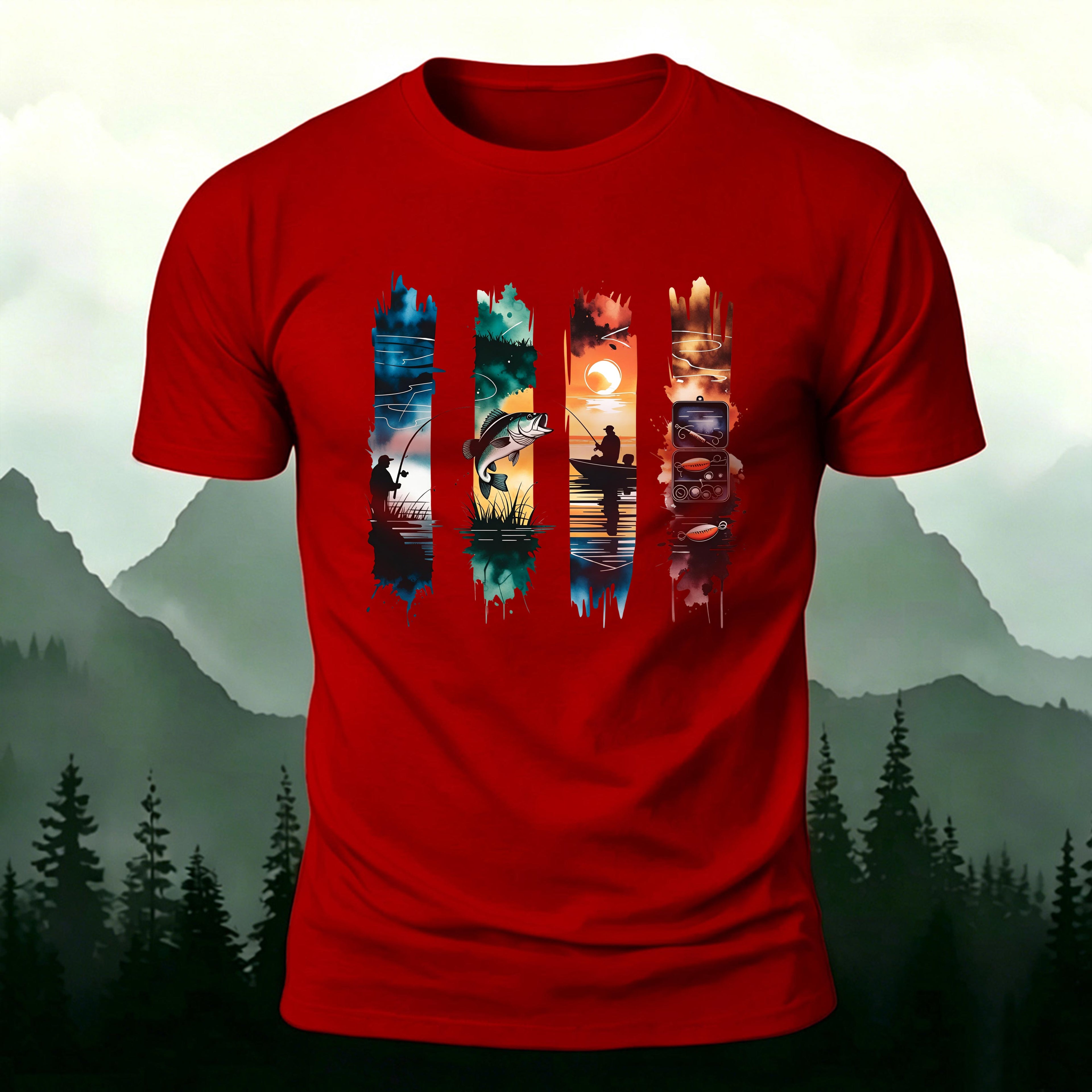 Outdoor Fishing Print Natural Style Skin-Friendly T-Shirt Red