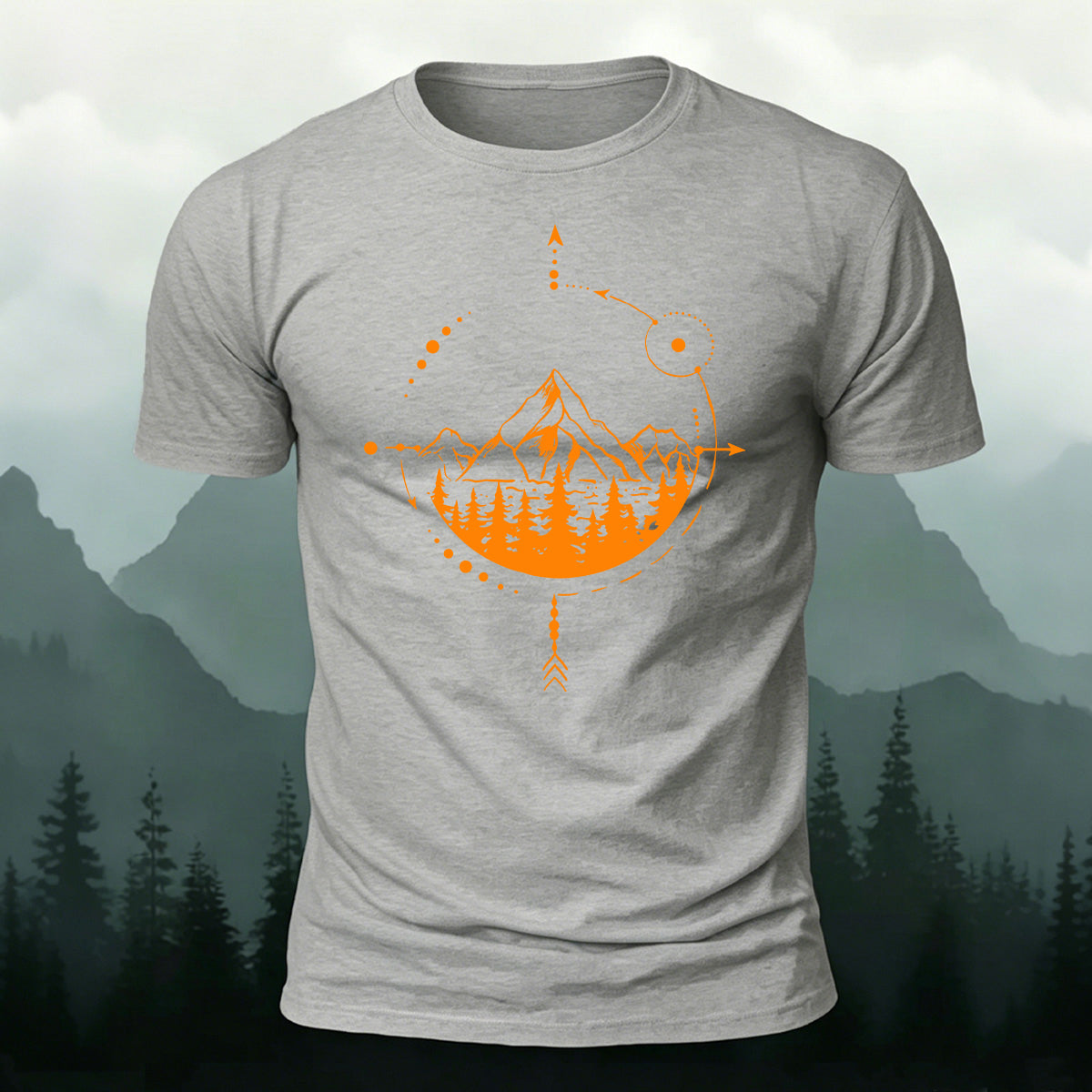 Mountain and Forest Print Combed Cotton Casual T-Shirt