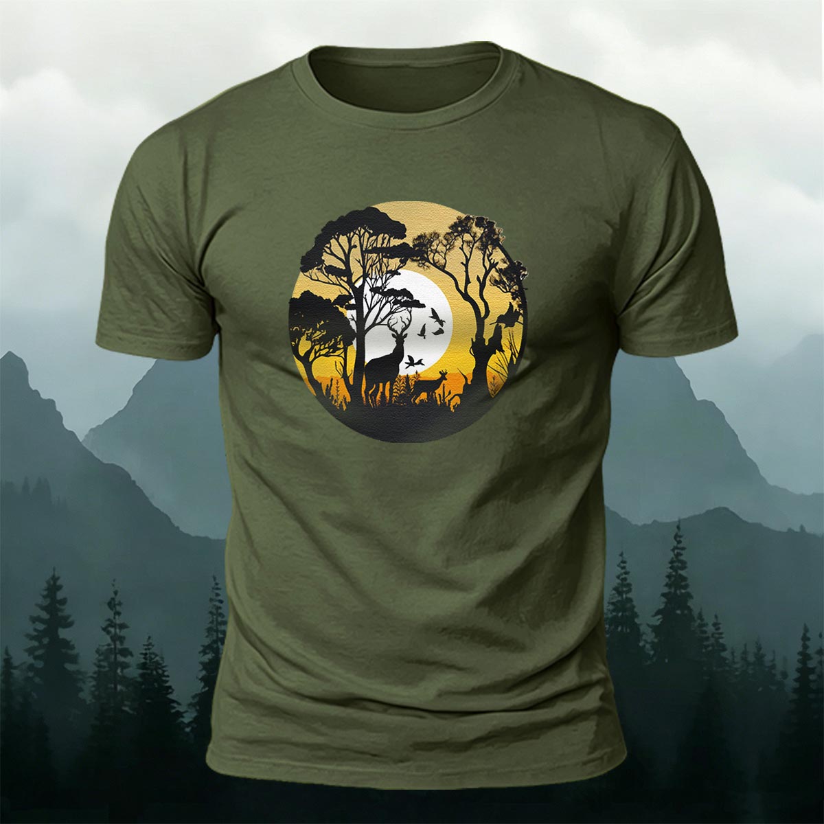 Lone Wolf in the Twilight Forest Printed Cotton Crew Neck T-Shirt