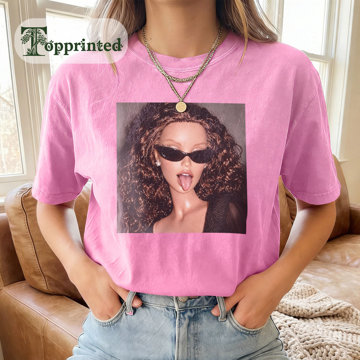 MEME Tongue Out Print Washed Cotton Crew Neck T-Shirt