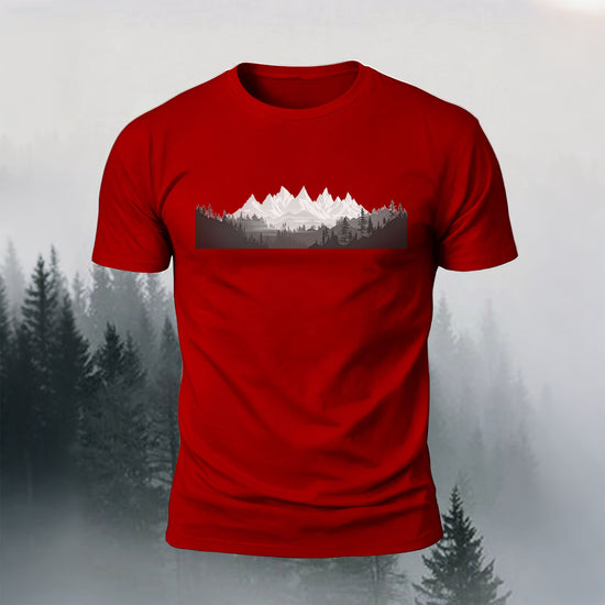 Mountain Forest Print Casual Comfortable T-Shirt Red