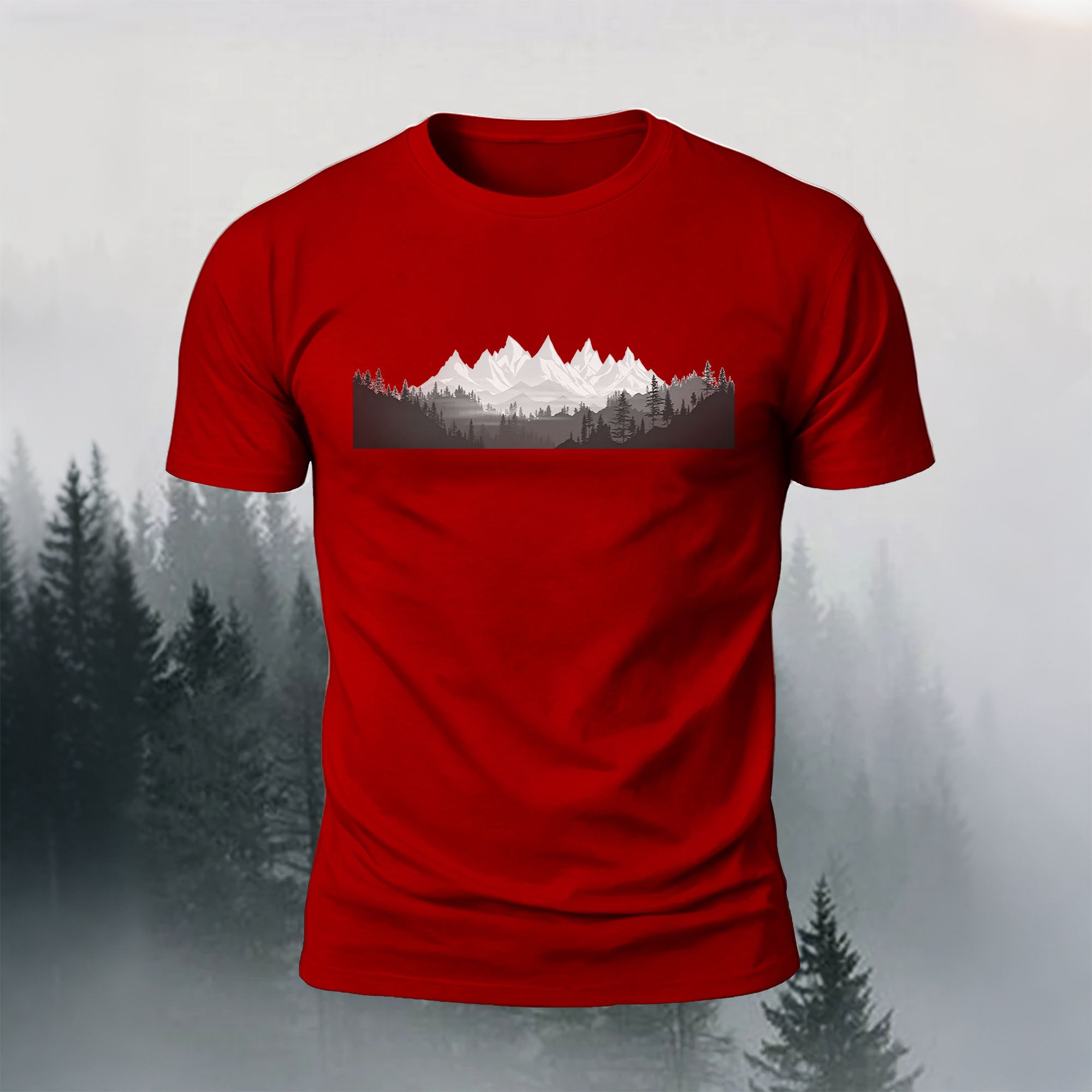 Mountain Forest Print Casual Comfortable T-Shirt Red