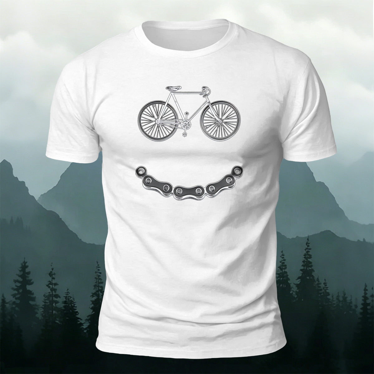 Bicycle-Motif Smile Print Outdoor Cotton T-Shirt
