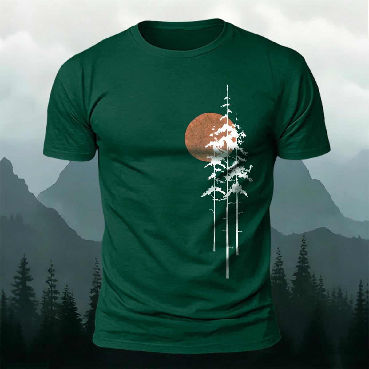 Retro Sunset Pine Tree Print Cotton T-Shirt DGE