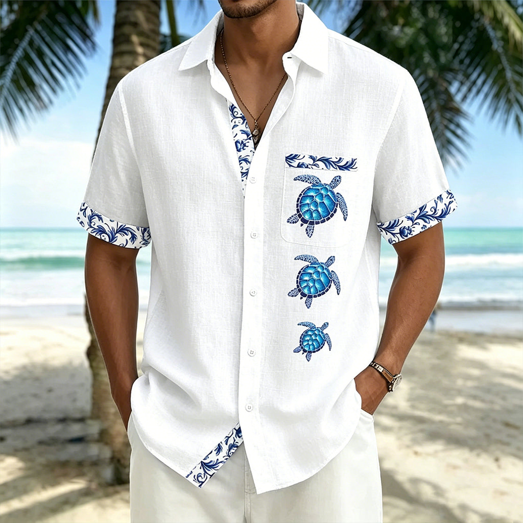 Simple Turtle-Print Beach Vacation Shirt White 1