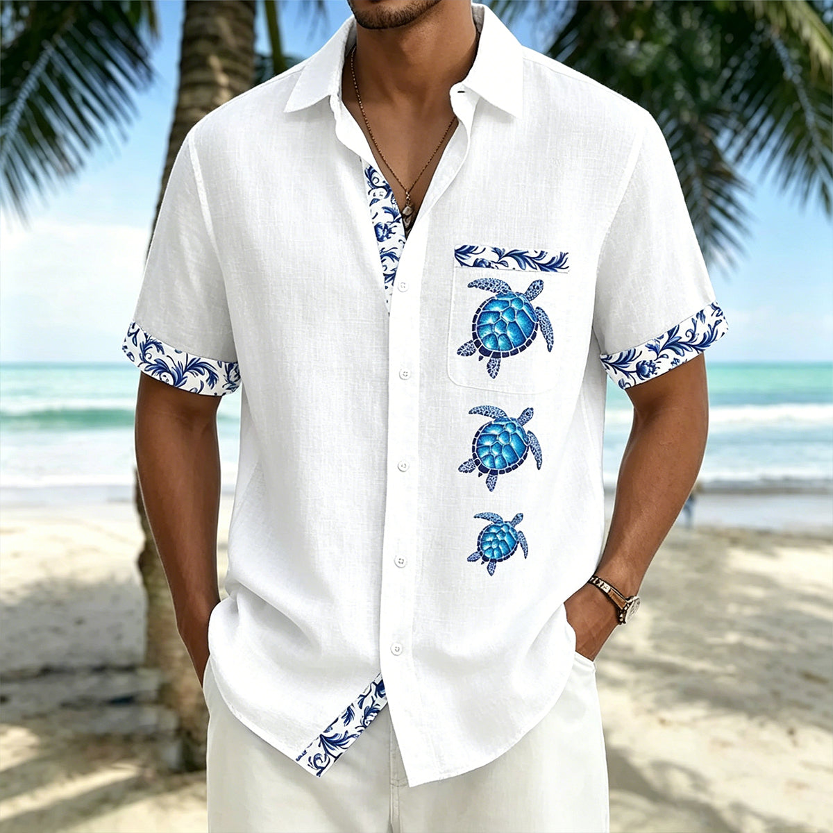 Simple Turtle-Print Beach Vacation Shirt White 1