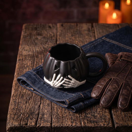 Ceramic Skeleton Hand Pumpkin Mug