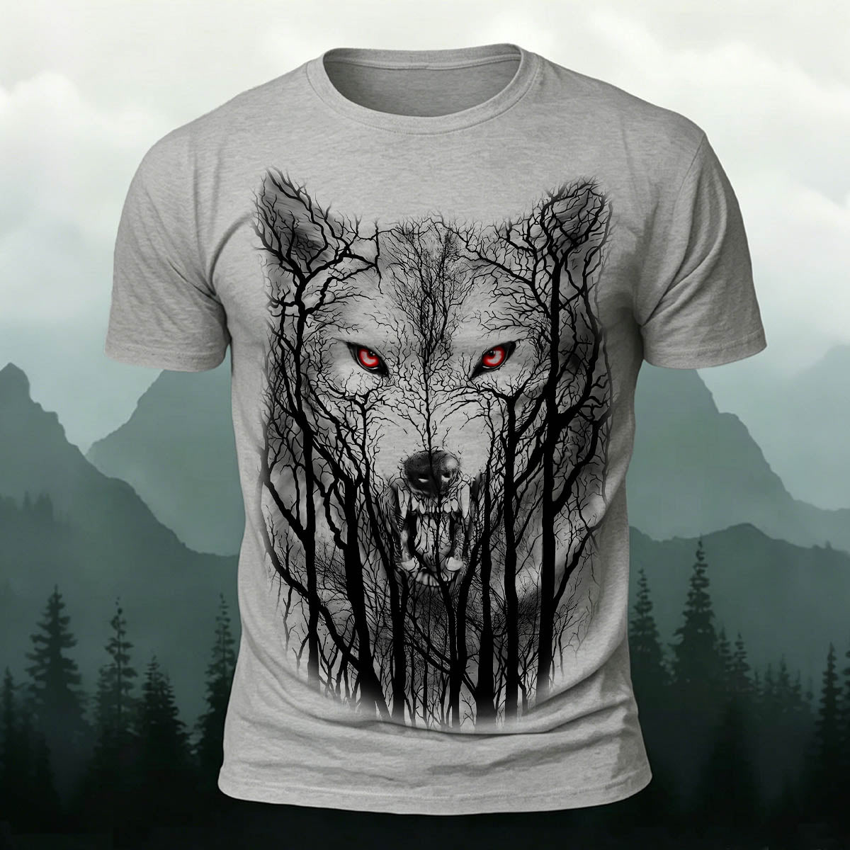Dark Forest Wolf King Printed Casual Cotton T-Shirt Grey