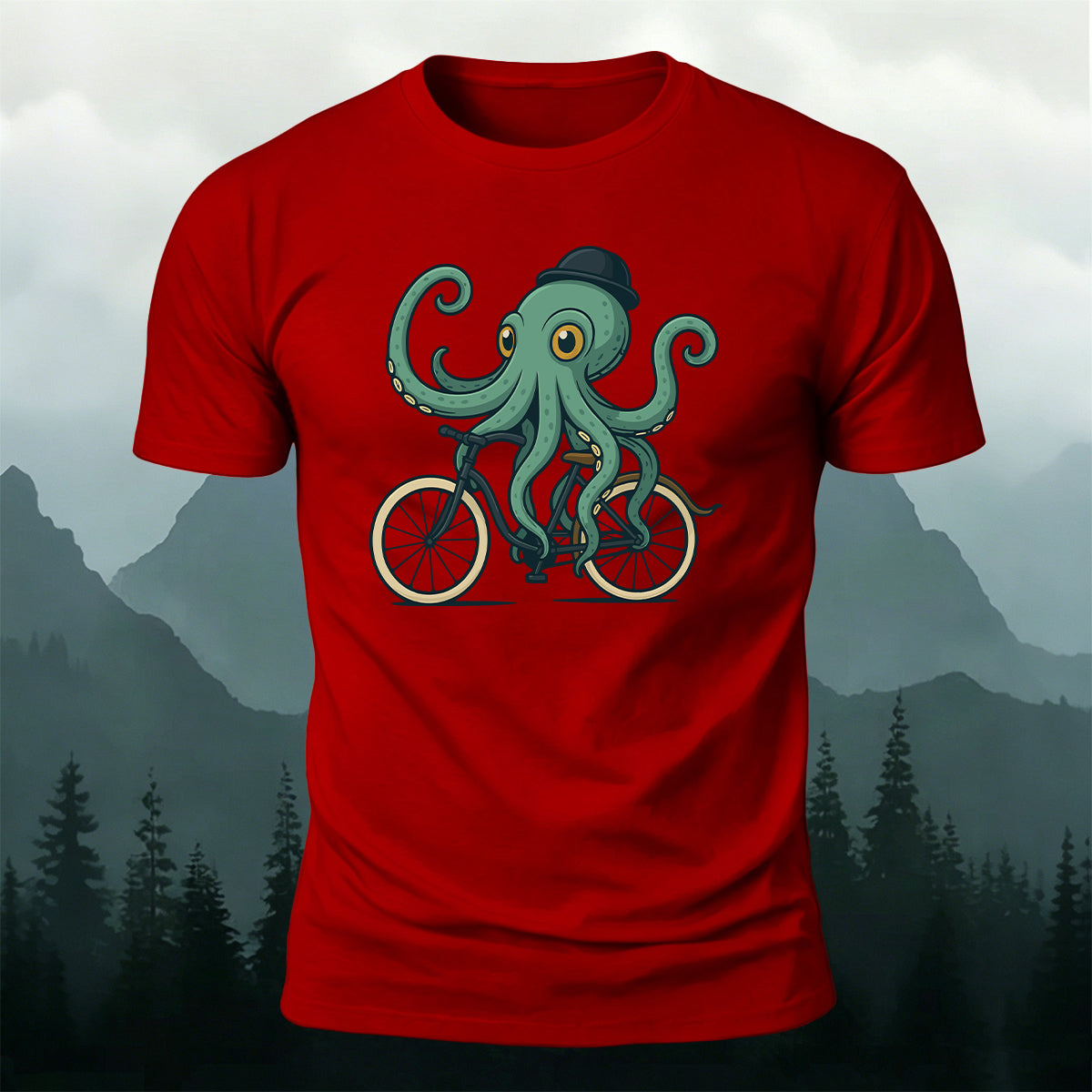 Green Fisherman's Cap Octopus Cycling Print Cotton T-Shirt