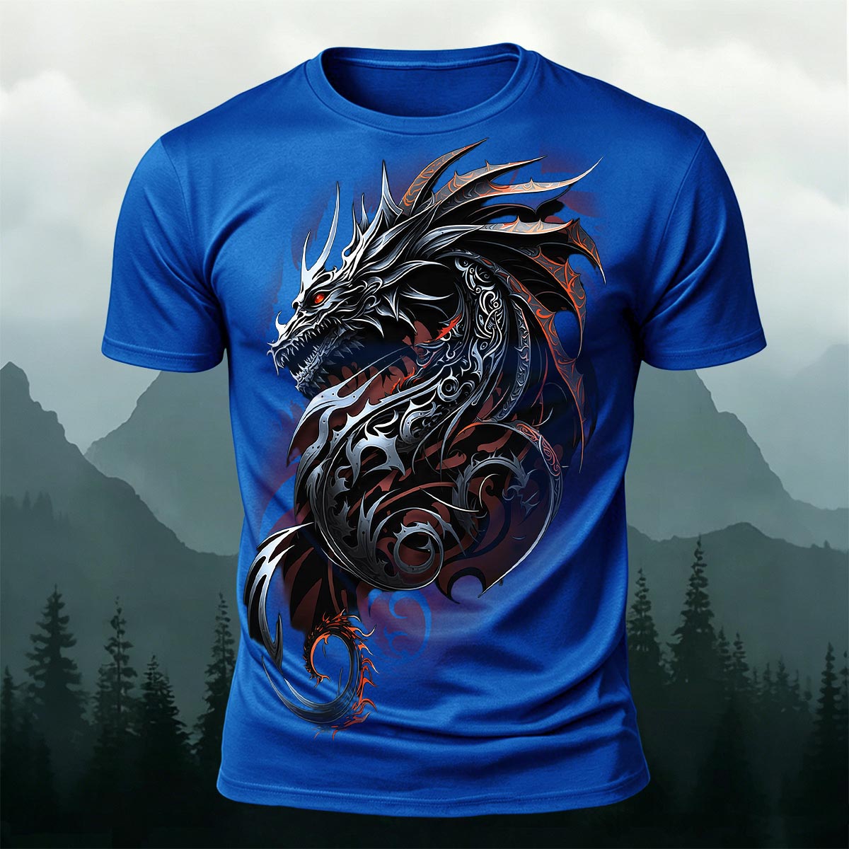 Dark Totem Dragon Print Casual Crew Neck T-Shirt