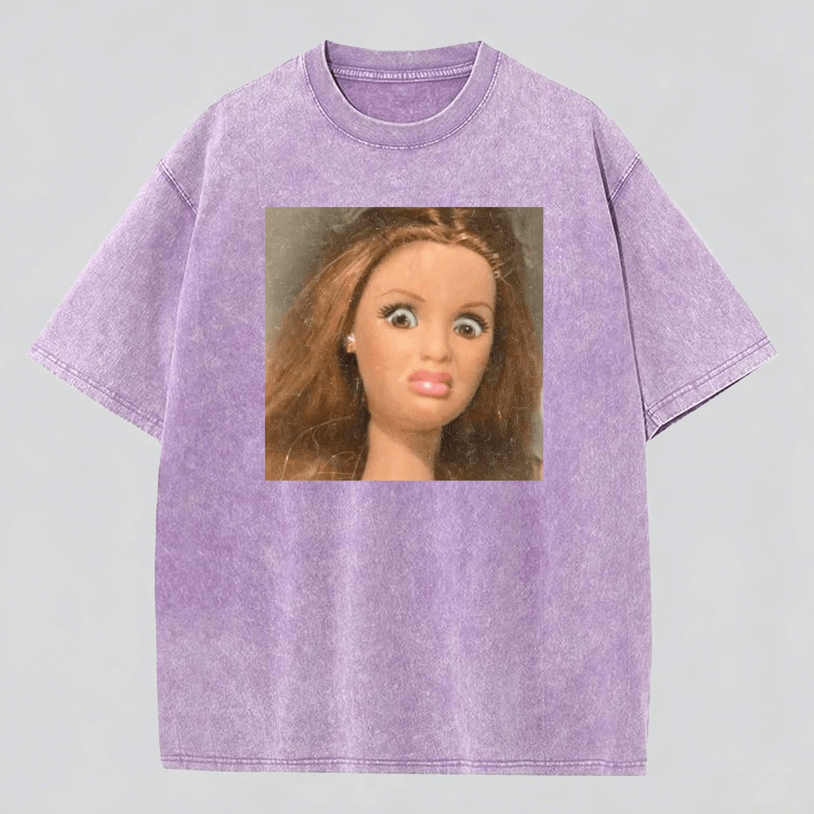 Disdainful Face Print Washed  Cotton Crew Neck T-Shirt