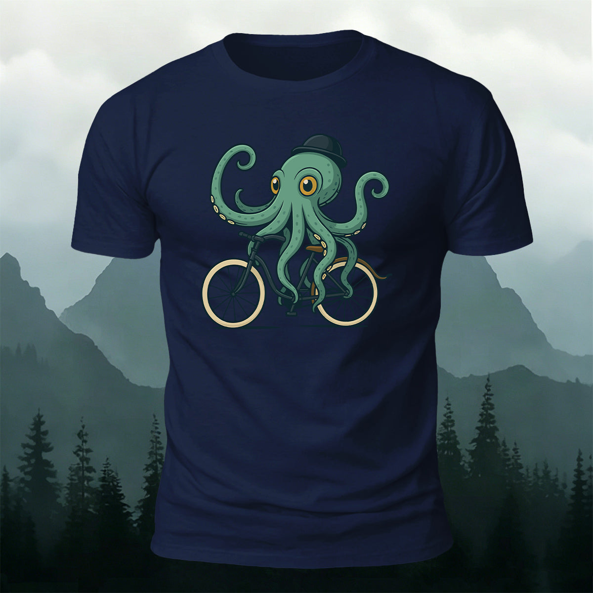 Green Fisherman's Cap Octopus Cycling Print Cotton T-Shirt