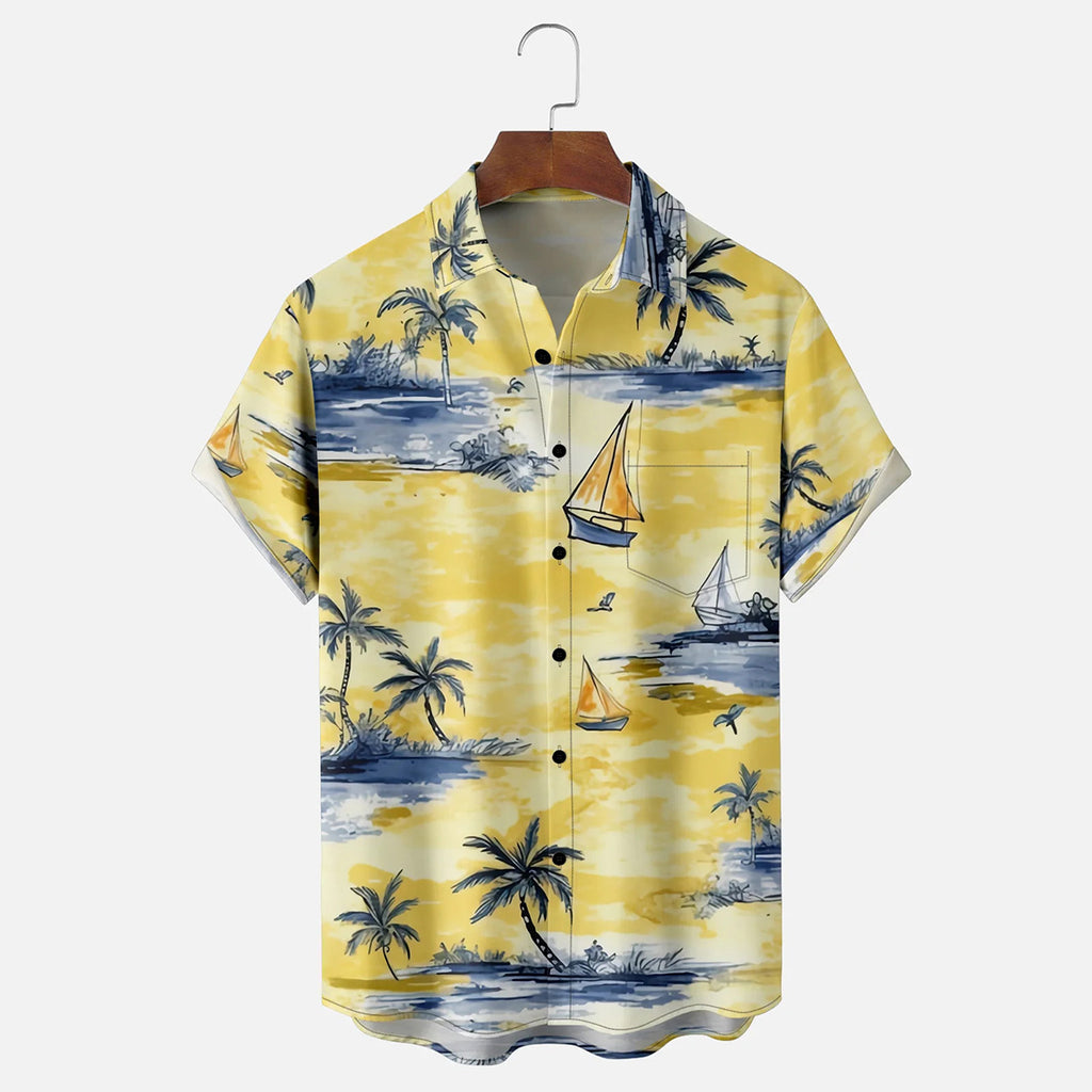 Yellow Sailboat Pattern Casual Floral Shirt 1