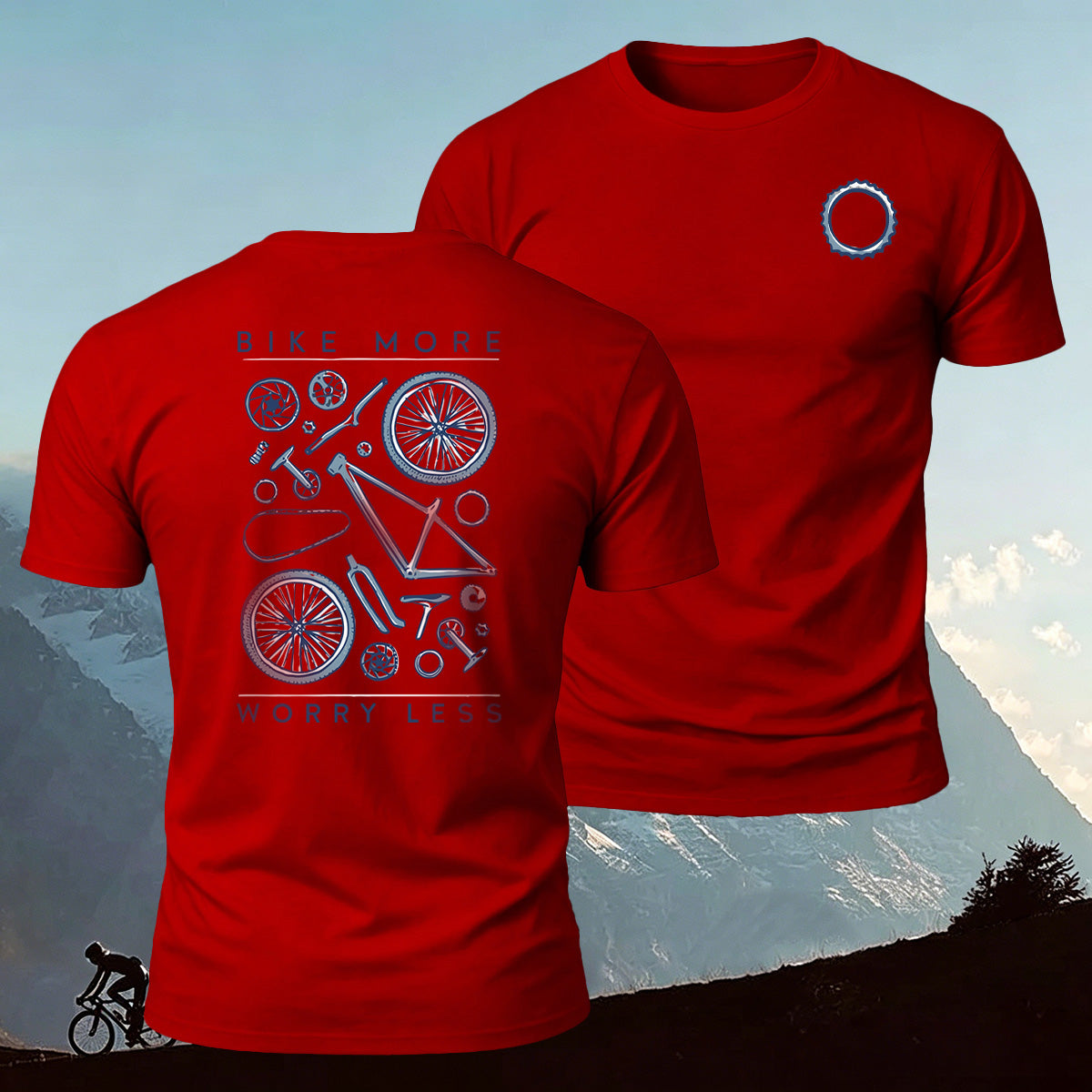 Bicycle Parts Print 100% Cotton Casual T-Shirt Red