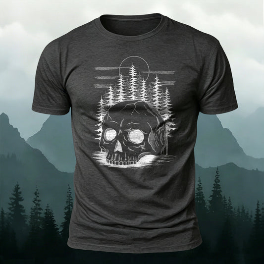 Soft Cotton Skull and Pine Trees Gothic Nature Casual T‑Shirt