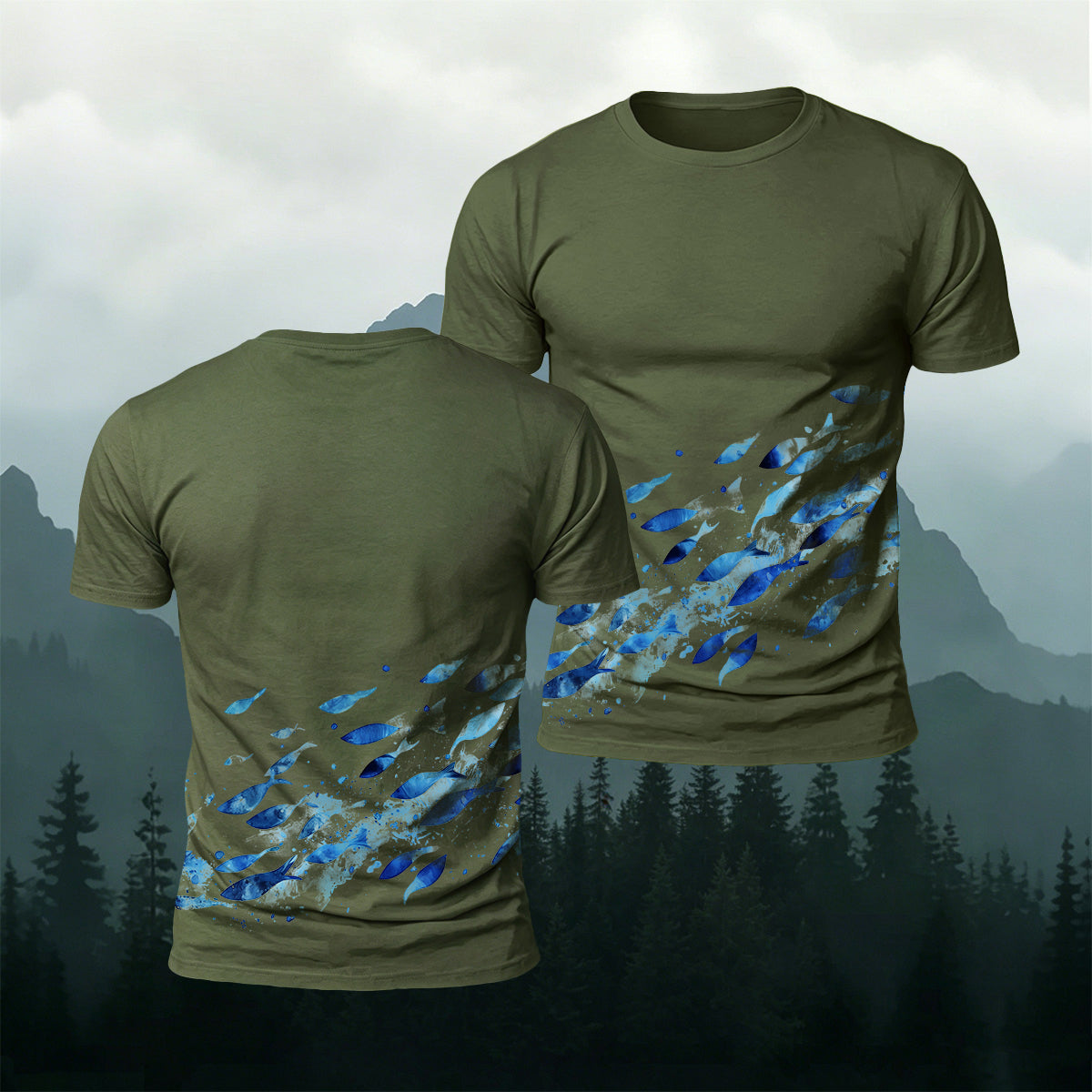 Blue Sardine Print Casual Cotton T-Shirt
