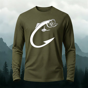 Fun Fish Hook Print Casual Long-Sleeve Cotton T-Shirt
