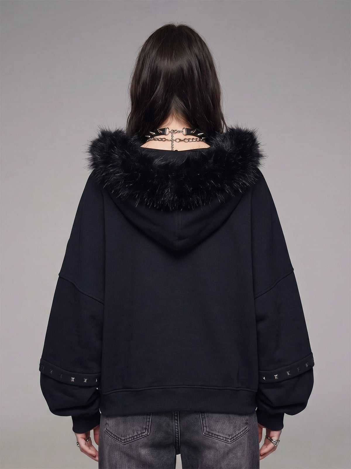 Metallic Zipper Fashion Hooded Sweatshirt Outerwear