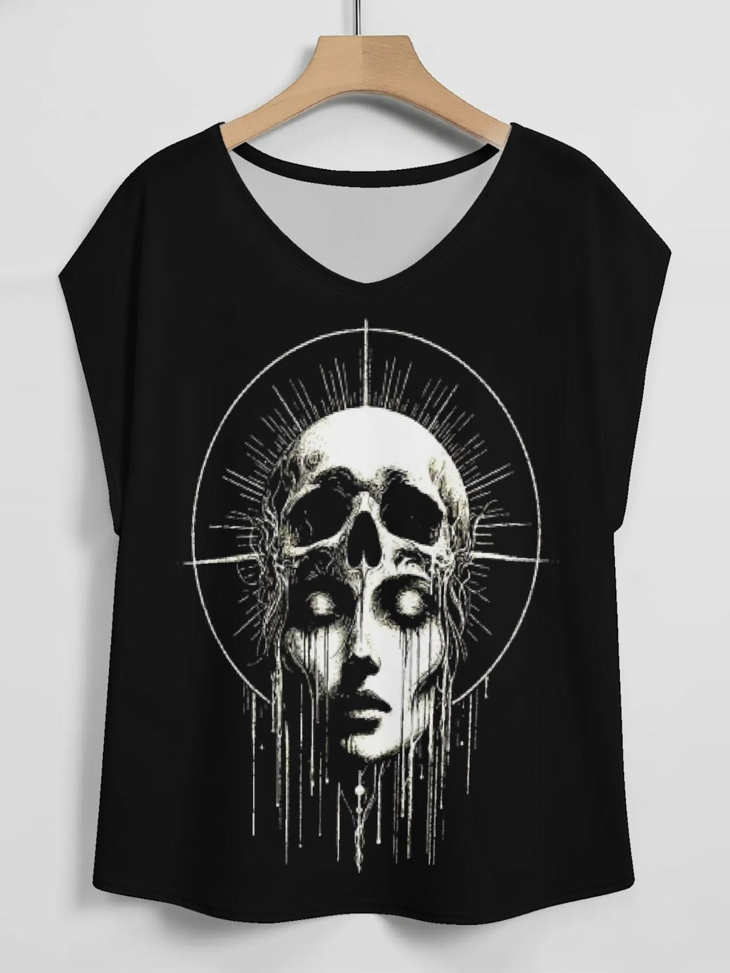 Gothic Skull Optical Illusion Print V-Neck T-Shirt