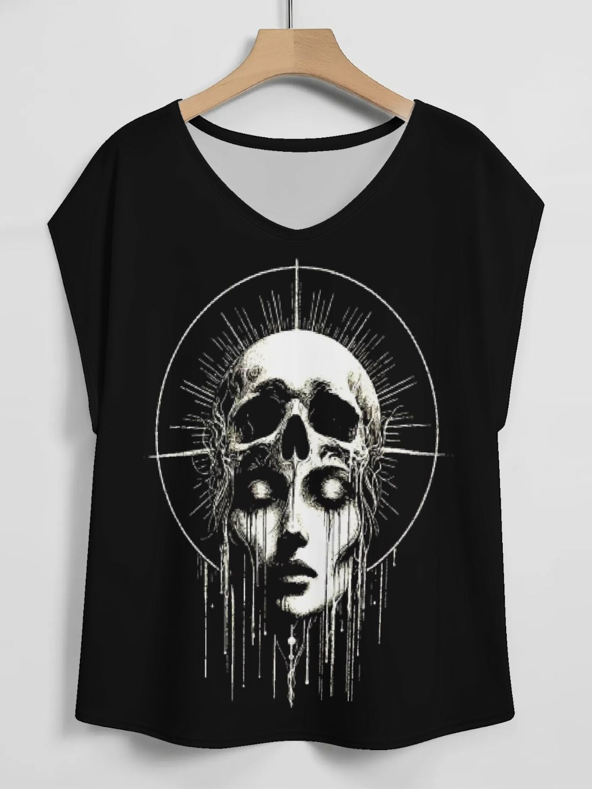 Gothic Skull Optical Illusion Print V-Neck T-Shirt