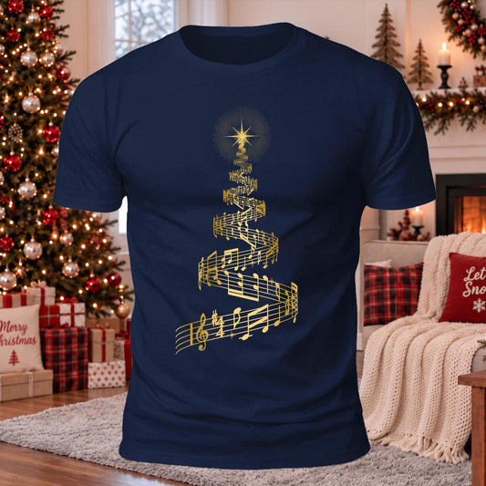 DTG Music Note Christmas Tree Printed Casual Short Sleeve T-Shirt