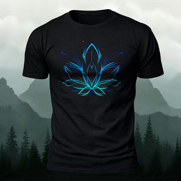 Blue Glowing Lotus Sacred Geometry Line Art Printed T-Shirt