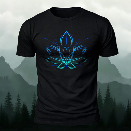 Blue Glowing Lotus Sacred Geometry Line Art Printed T-Shirt