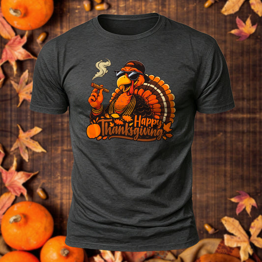 Happy Thanksgiving Smoking Turkey Printed Short Sleeve T-Shirt
