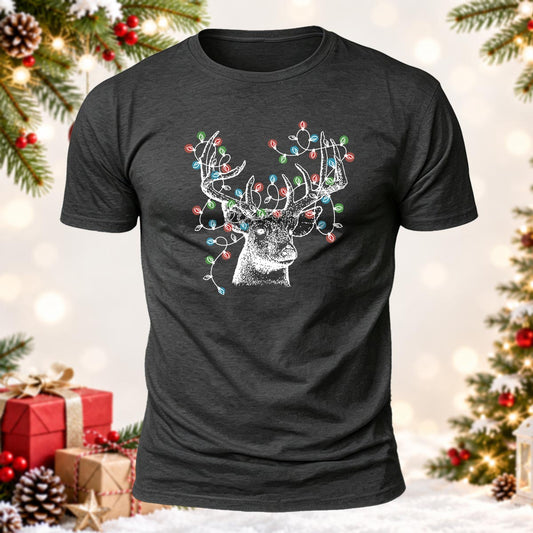 Deer Antlers Xmas Lights Printed Short Sleeve T-Shirt