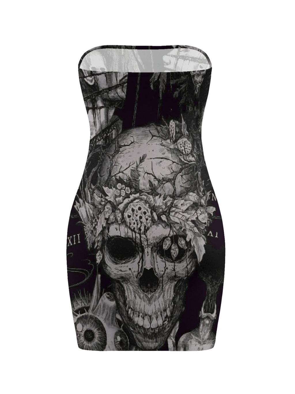 Retro Gothic Skull-Print Bodycon Skirt