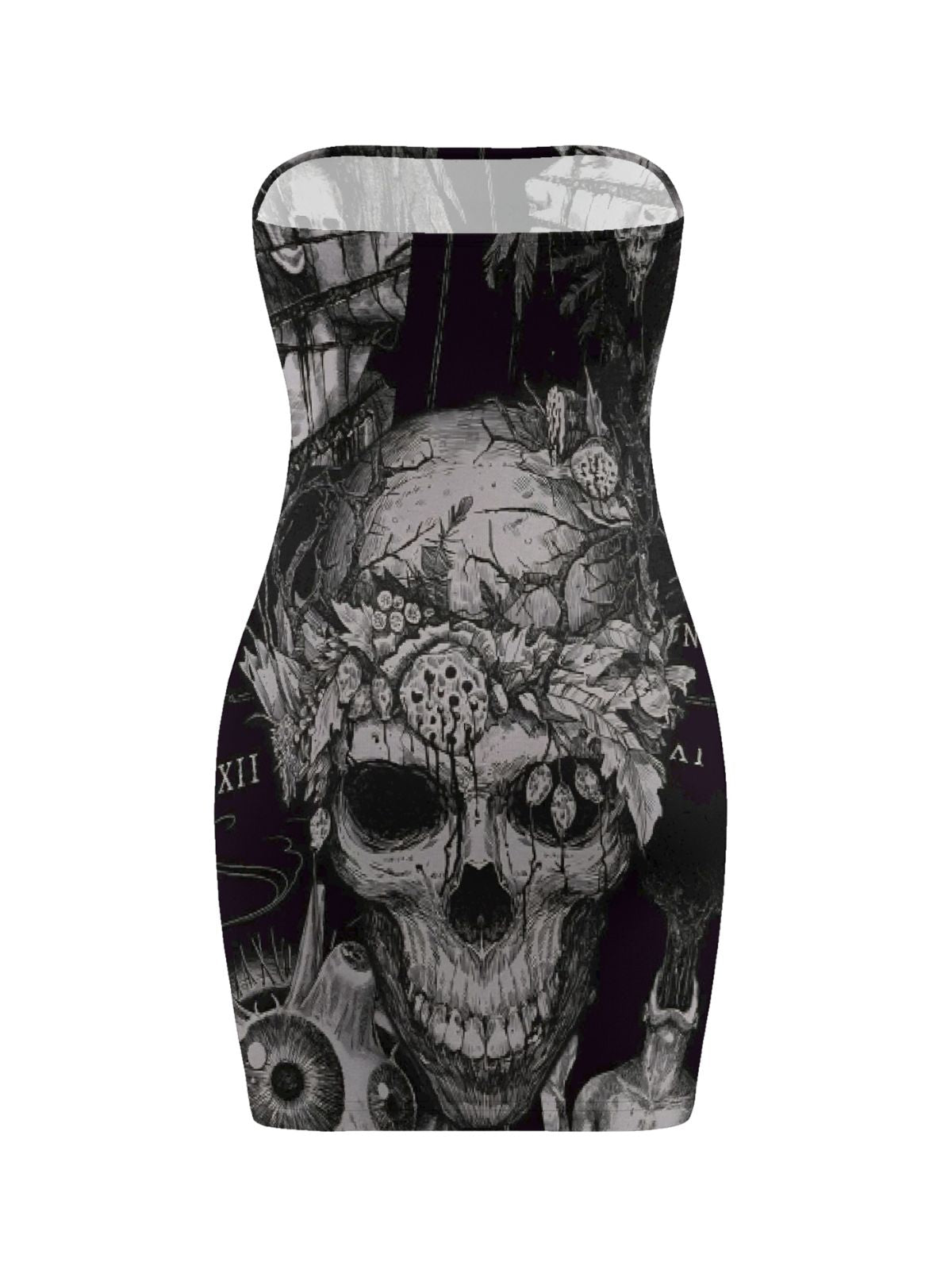 Retro Gothic Skull-Print Bodycon Skirt