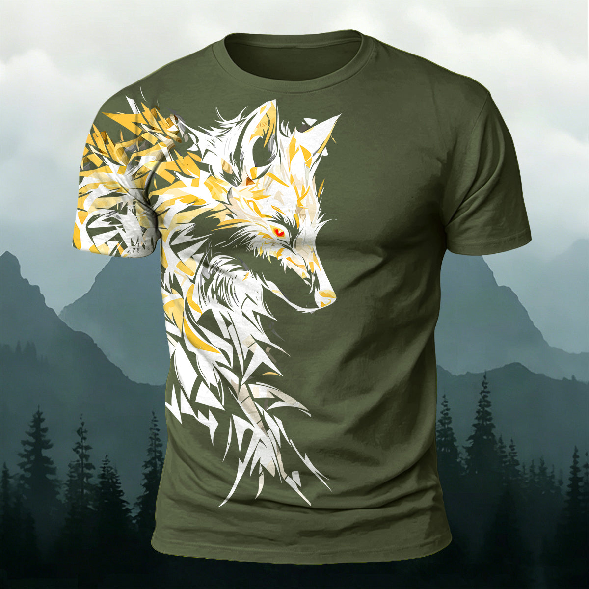 Vintage Giant Wolf Mythology Print Casual Cotton T-Shirt