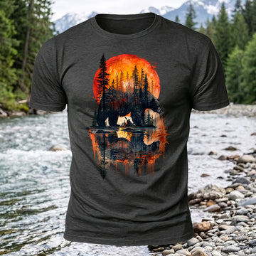 DTG Bear Forest Sunset Printed Short Sleeve T-Shirt