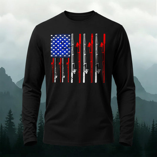 American-style Fishing Rod Pattern Print Casual Long-Sleeve Cotton Tee