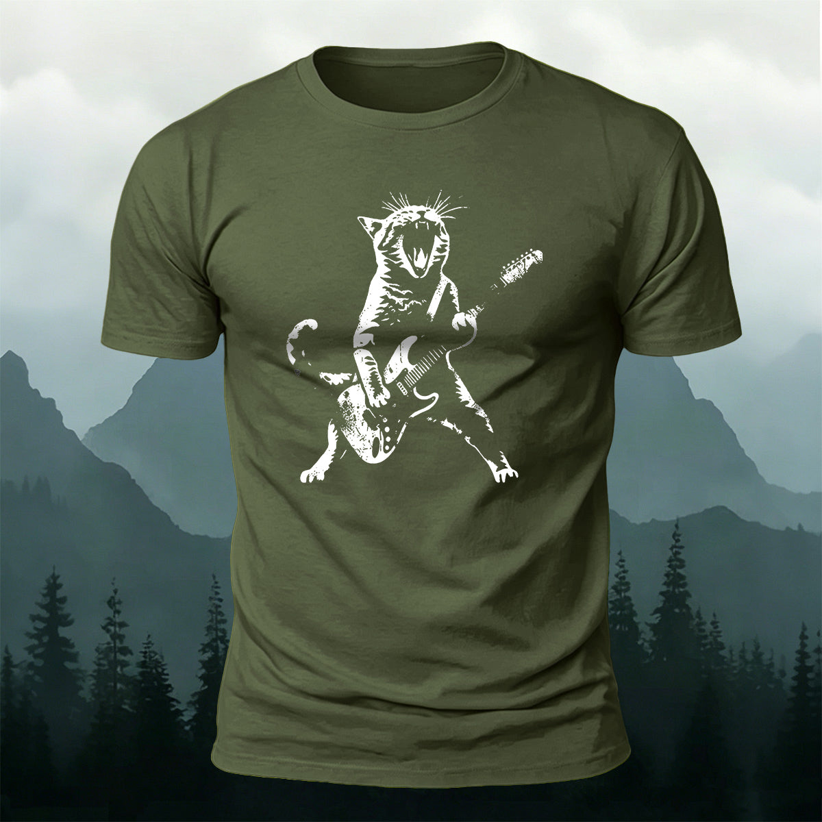 Cotton Rock ‘n’ Roll Cat Print Casual T-Shirt