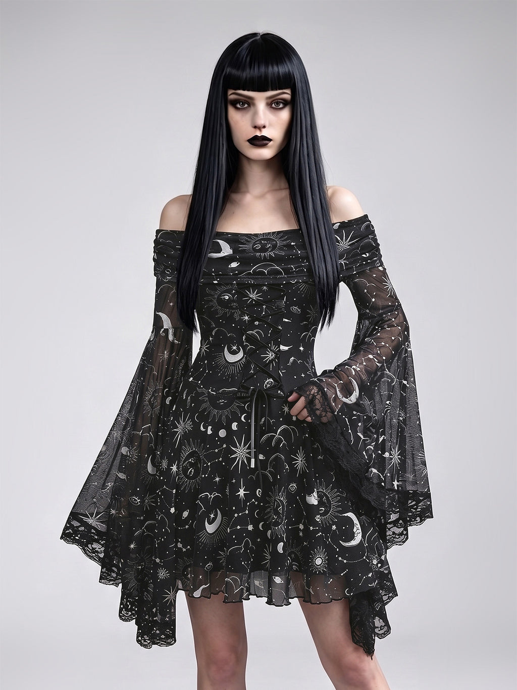 Gothic Retro Mysterious Star-and-Moon Print Flared-Sleeve A-Line Dress
