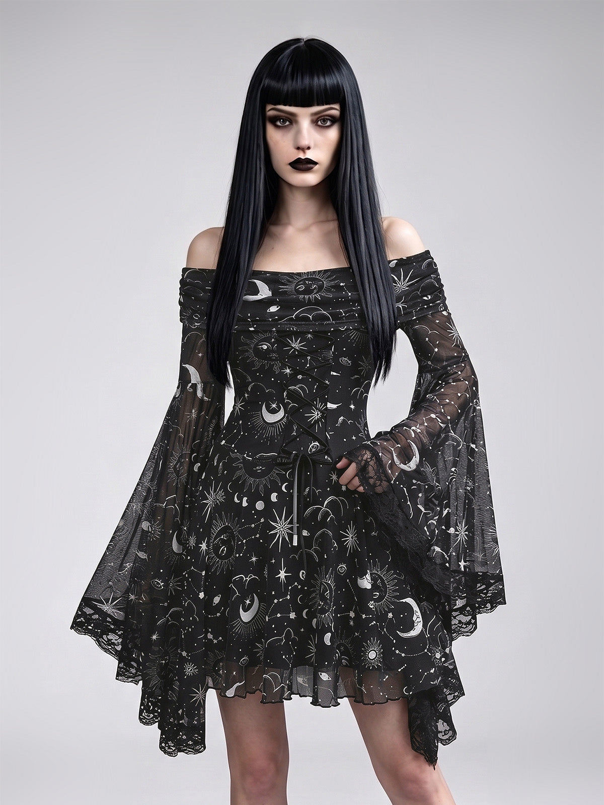 Gothic Retro Mysterious Star-and-Moon Print Flared-Sleeve A-Line Dress