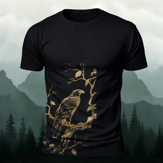Soft Cotton Golden Hawk on Branch Vintage Casual T‑Shirt