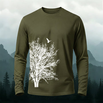 Minimalist Tree Pattern Natural Casual Long-Sleeve Cotton Tee